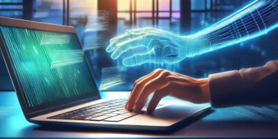 A digital hand guides a copywriter typing on a laptop.