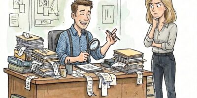 Cartoon of man with untidy desk full of paper receipts and invoices talking to female colleague about Making Tax Digital