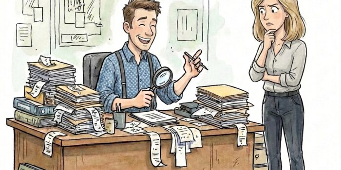 Cartoon of man with untidy desk full of paper receipts and invoices talking to female colleague about Making Tax Digital